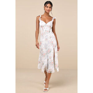 Lulus Delightful Direction White Floral Ruffled Tie-strap Midi Dress - Size M